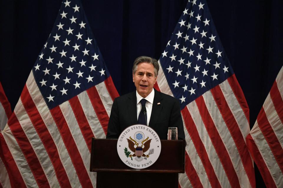 US Secretary of State Anthony Blinken takes part in a press conference after attending events at the 55th Asean Foreign Ministers’ Meeting in Phnom Penh on 5 August 2022 (AFP via Getty Images)