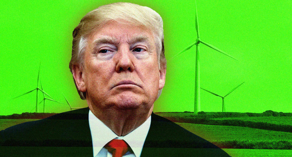 Donald Trump and a wind farm. (Photo illustration: Yahoo News; photos: AP, Getty Images)