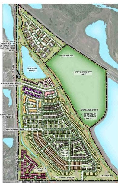 This site plan shows a preliminary version of Strauss Lakes, more than 1,300 housing units at the intersection of Ziegler and Horsetooth roads in east Fort Collins. Early concepts include workforce housing for Colorado State University employees, deed-restricted affordable housing and market-rate units.