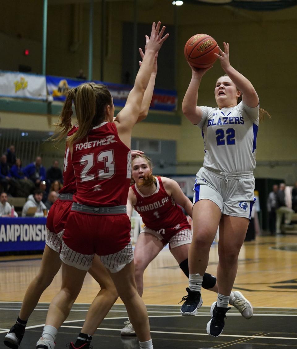 Millbrook's Ella Wilson (22) puts up a shot during their 59-45 win over Randolph in the girls NYSPHSAA Class C championship game at Hudson Valley Community College in Troy, on Sunday, March 19, 2023.