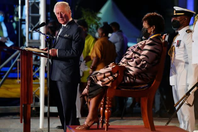 Prince Charles speaks as the president of Barbados, Dame Sandra Mason, looks on during her inauguration on Nov. 30, 2021, in Bridgetown, Barbados. (Photo: Pool via Getty Images)