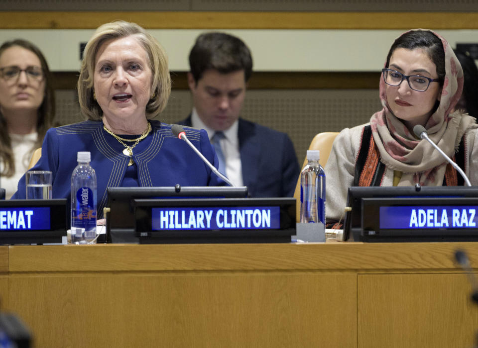 In this photo provided by the United Nations, former U.S. Secretary of State Hillary Clinton, foreground left, delivers the keynote speech at an event entitled "Group of Friends of Afghanistan," Tuesday, March 10, 2020, at United Nations headquarters. The event was organized by the Permanent Mission of Afghanistan to the United Nations. (Manuel Elias/The United Nations via AP)