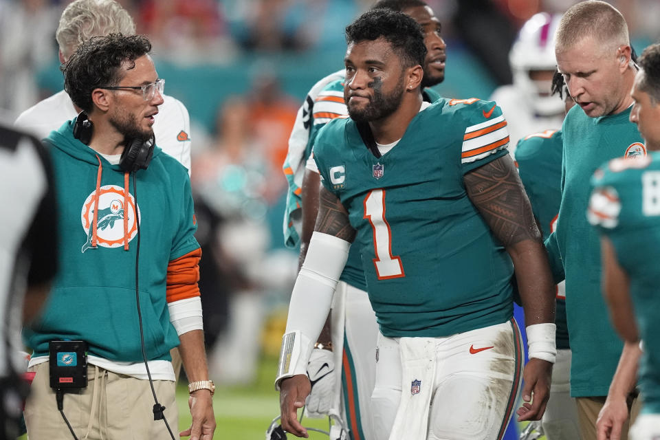 Thursday night was scary, again, for Dolphins quarterback Tua Tagovailoa, who suffered another concussion. (AP Photo/Rebecca Blackwell)