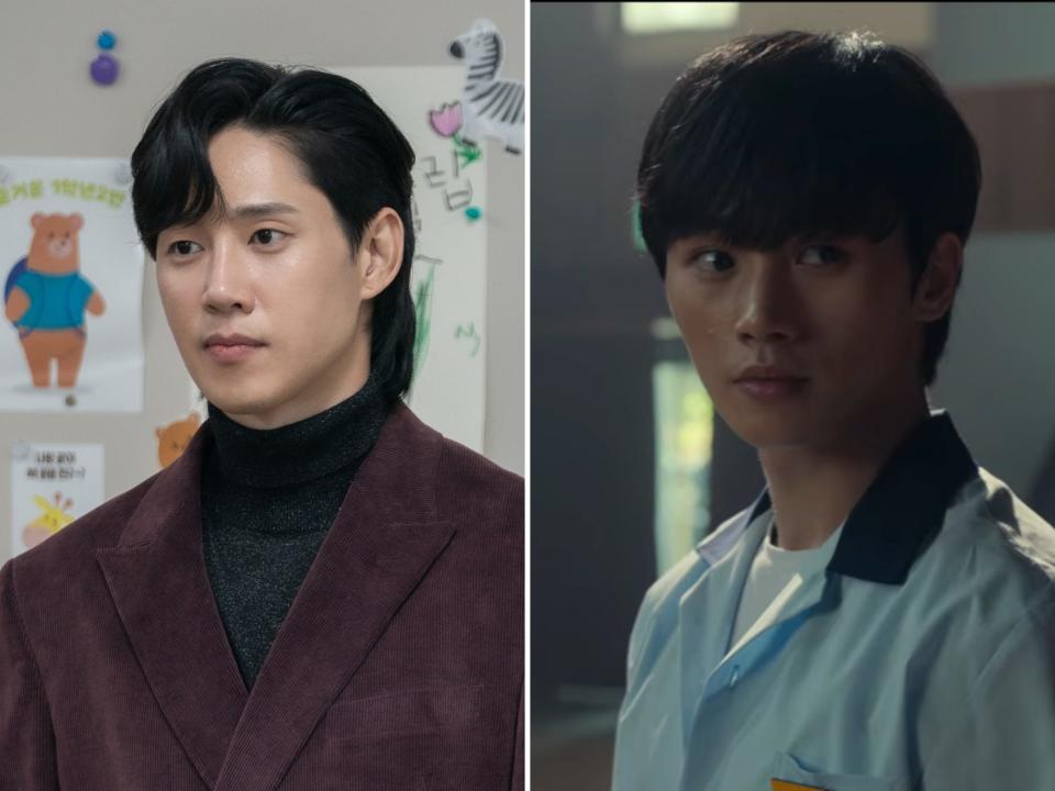 left: older jeon jae-jun in the glory, his hair coiffed and wearing a maroon coat over a black turtleneck while standing in an elementary school classroom; right: younger jae-jun in a school uniform, looking stoically forward