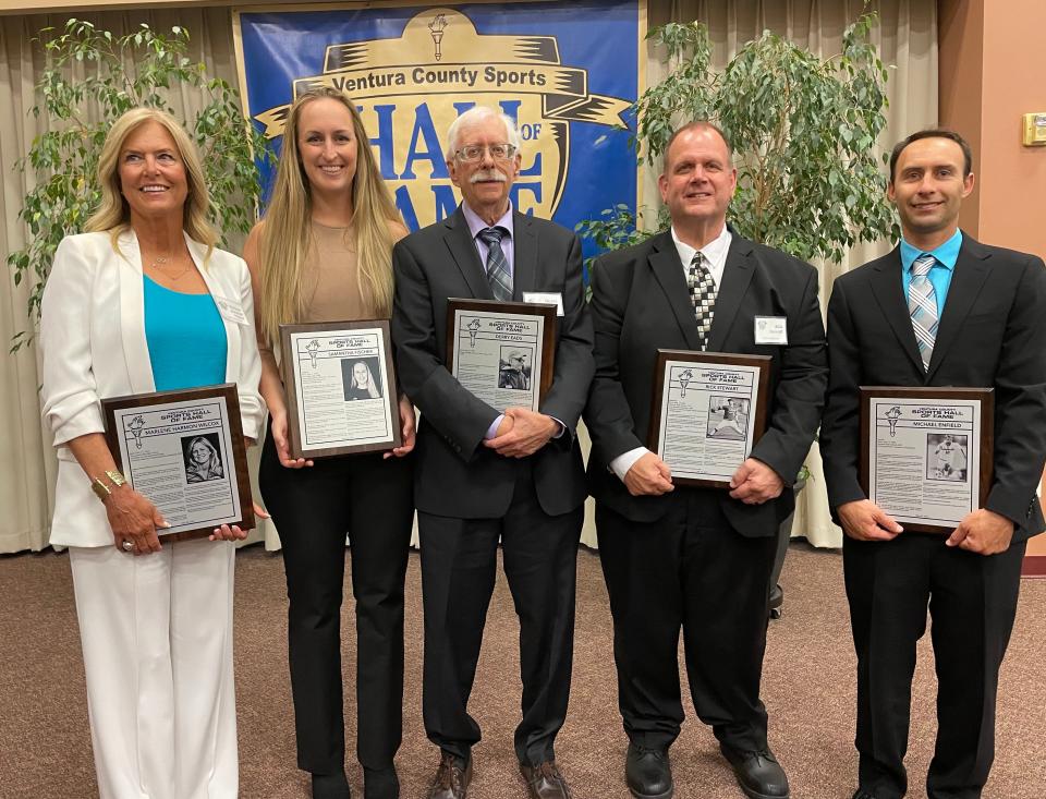 The Ventura County Sports Hall of Fame 2023 class (left to right): Marlene Harmon-Wilcox, Sam Fischer, Derry Eads, Rick Stewart and Mike Enfield.