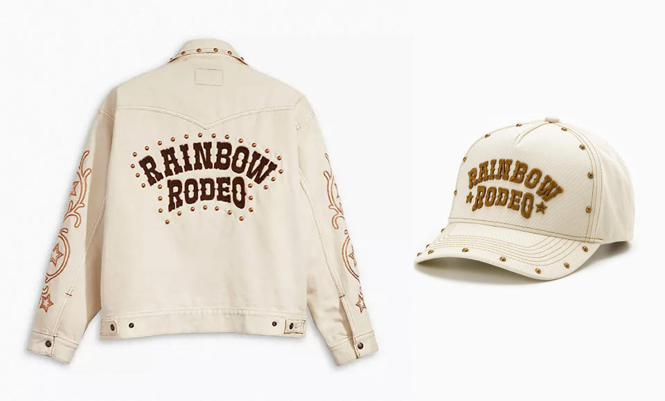 This combination photo shows the trucker trucker jacket and hat from the Rodeo Rainbow collection by Levi’s. For the LGBTQ+ ally dad, the company’s pride collection offers a range of Father’s Day gift options. (Levi’s via AP)