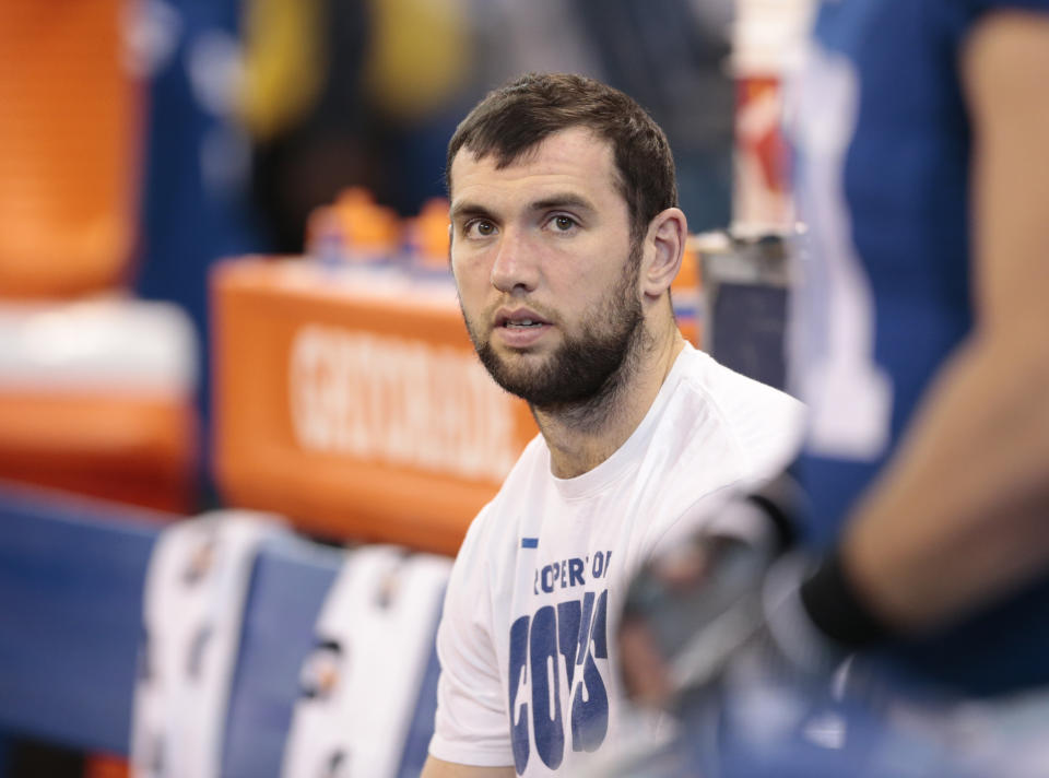 Andrew Luck admitted on Monday that he rushed his shoulder rehab and has not progressed to the point that he can throw an NFL football. (AP)