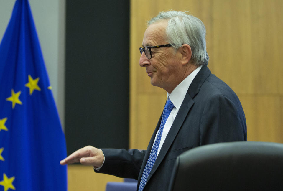 European Commission President Jean-Claude Juncker arrives for the weekly meeting of the college of commissioners at EU headquarters in Brussels, Wednesday, Sept. 11, 2019. (AP Photo/Virginia Mayo)