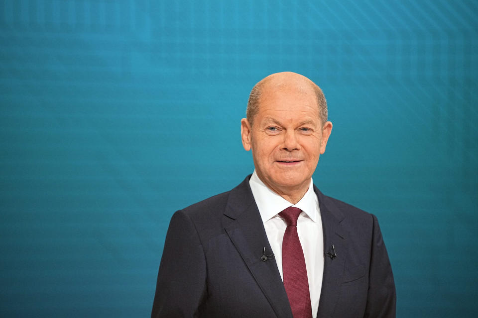 Chancellor candidate Olaf Scholz (SPD) in the TV studio in Berlin, Sunday, Sept. 12, 2021. With two weeks left before Germany’s national election, the three candidates for chancellorship are facing off Sunday in the second of three televised election debates. (Michael Kappeler/Pool via AP)