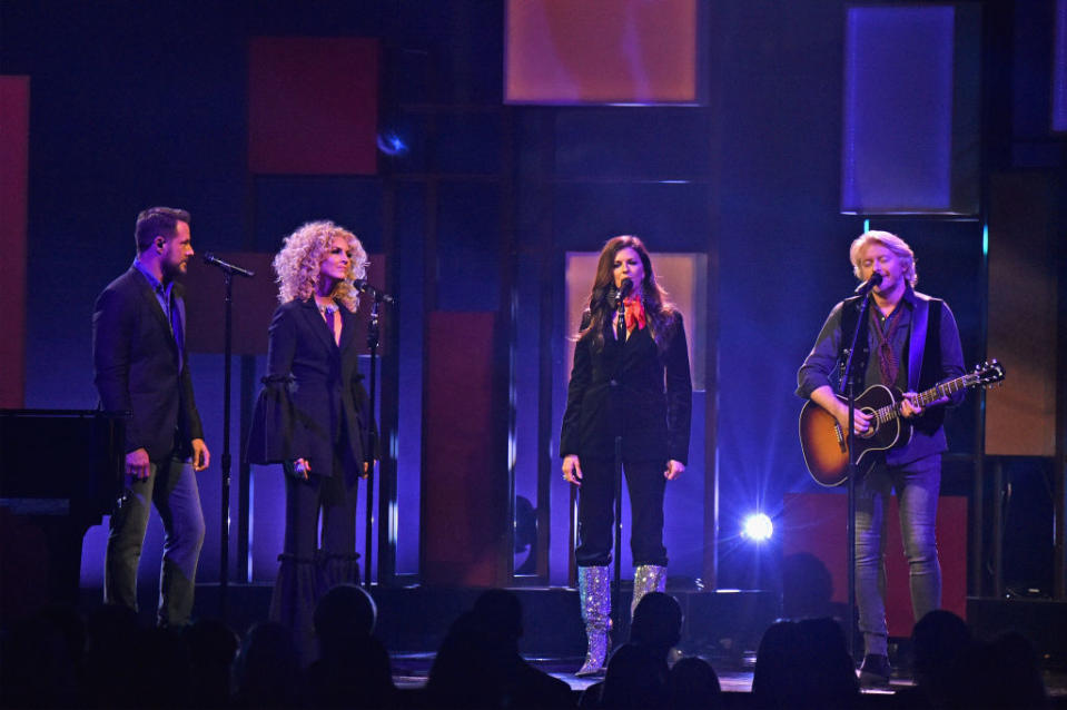 <p>Jimi Westbrook, Kimberly Schlapman, Karen Fairchild, and Phillip Sweet of Little Big Town perform onstage at the 51st annual CMA Awards at the Bridgestone Arena on November 8, 2017 in Nashville, Tennessee. (Photo by John Shearer/WireImage) </p>