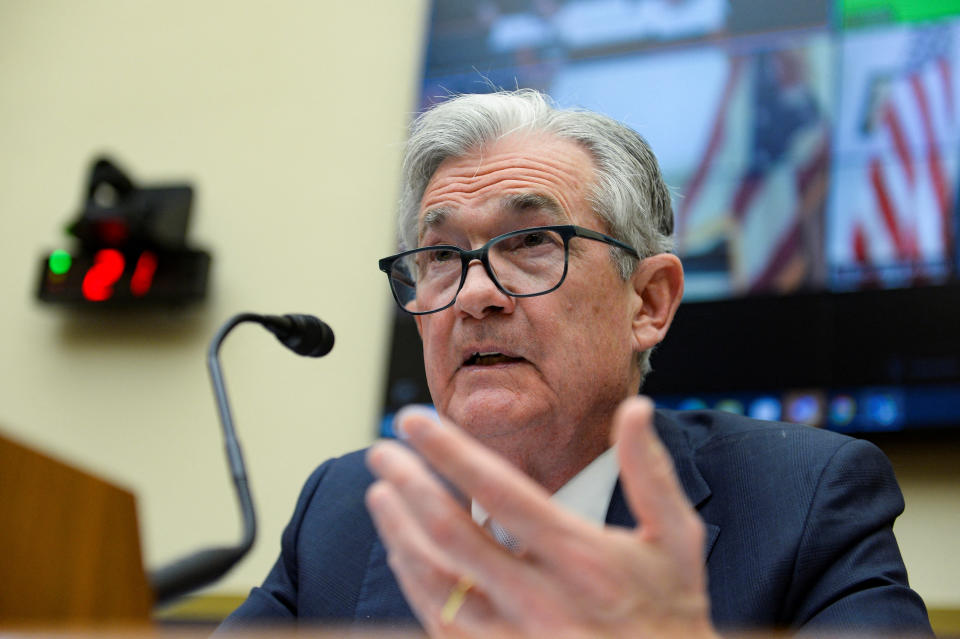 Jerome Powell, voorzitter van de Amerikaanse Federal Reserve Board, getuigt voor een hoorzitting van de House Financial Services Committee in Washington, VS, 23 juni 2022. REUTERS/Mary F. Calvert