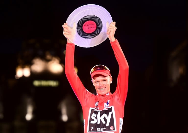 Chris Froome celebrates winning the 72nd edition of "La Vuelta" Tour of Spain cycling race, in Madrid in September 2017