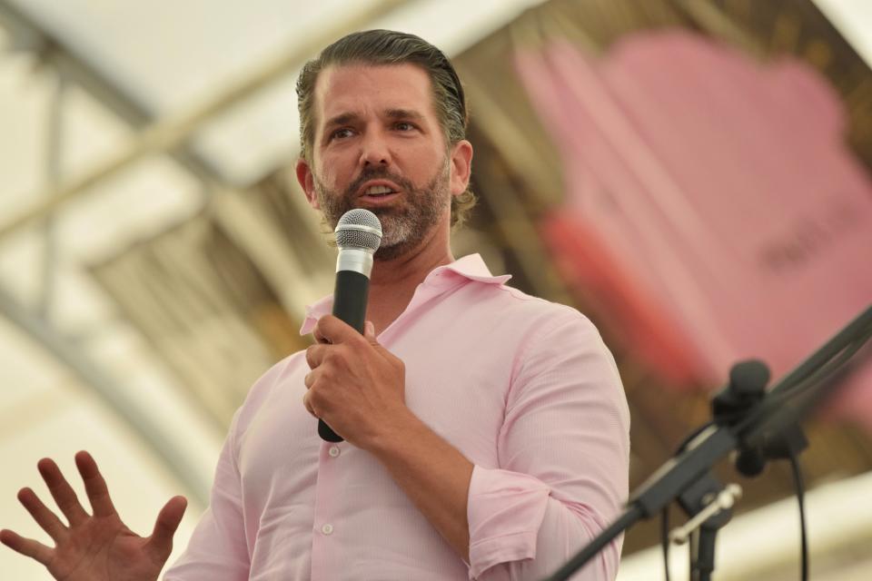 Donald Trump Jr. speaking at the Freedom Fest hosted by the Pueblo County Republican Party at the state fairgrounds on July 8, 2023.