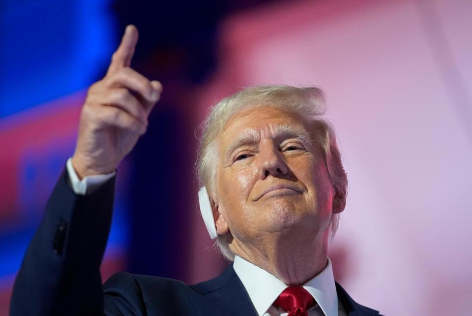 PHOTO: Republican presidential candidate former President Donald Trump gestures during the final day of the Republican National Convention in Milwaukee, WI, July 18, 2024. (Paul Sancya/AP)