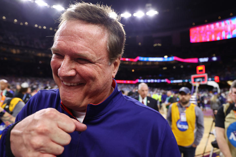 Kansas coach Bill Self celebrates after beating North Carolina to win the 2022 NCAA men's basketball title game on April 4. (Jamie Schwaberow/NCAA Photos via Getty Images)