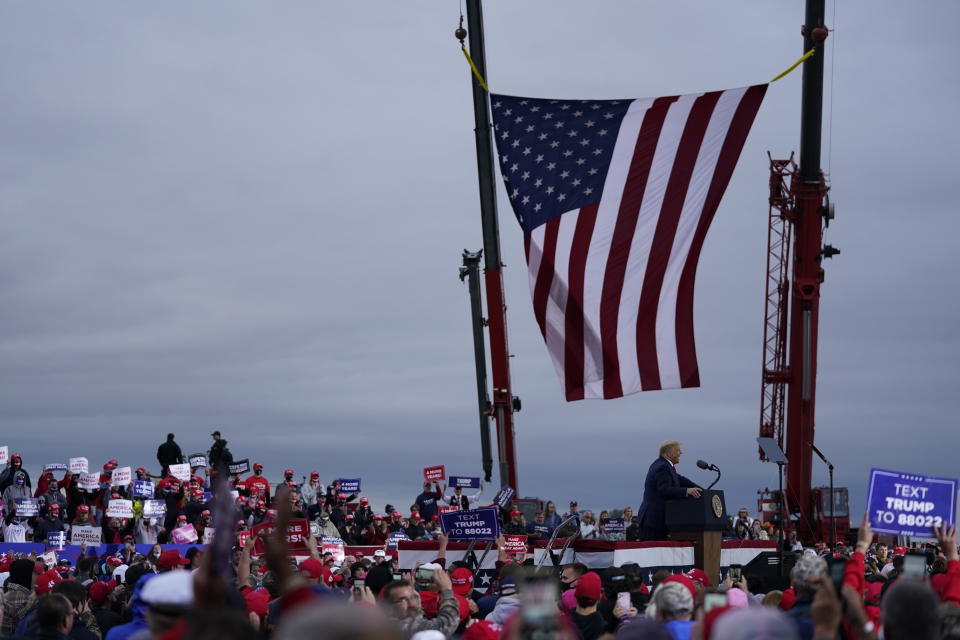 President Donald Trump speaks during a campaign rally at MBS International Airport, Thursday, Sept. 10, 2020, in Freeland, Mich. (AP Photo/Evan Vucci)