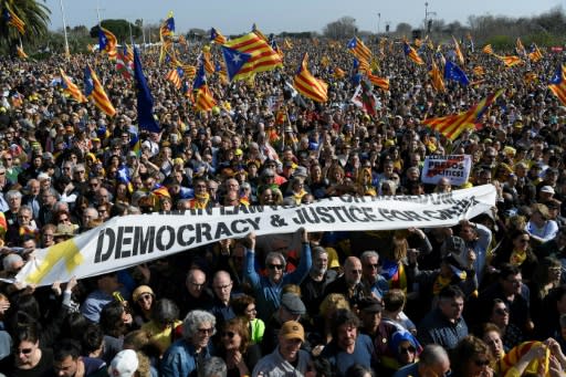 Catalan flags were prominent among the throng gathered to hear Puigdemont