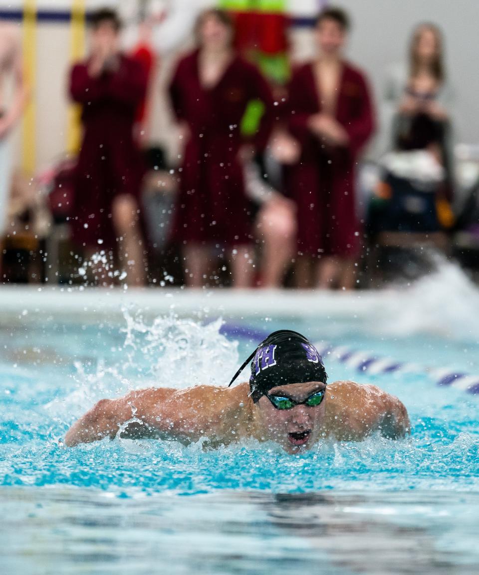 South's Lukas Paegle swims the Boy's 100 Yard Butterfly race during the 2024 Counsilman Classic Swimming & Diving Meet between the Bloomington North Cougars and Bloomington South Panthers at Bloomington High School South Natatorium on January 13, 2024