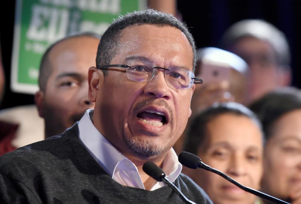 FILE - In this Nov. 6, 2018, file photo, Minnesota Attorney General-elect Keith Ellison speaks during the election night event in St. Paul, Minn. (AP Photo/Hannah Foslien, File)