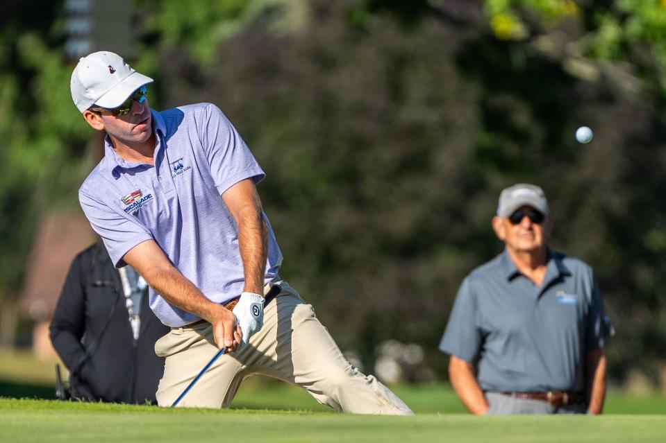 Sep 23, 2023; Columbus, OH, USA; 
Ben Kohles chips his ball on hole one at the Ohio State Golf Course during the third round of the Korn Ferry golf tournament of the Nationwide Children’s Hospital Championship.