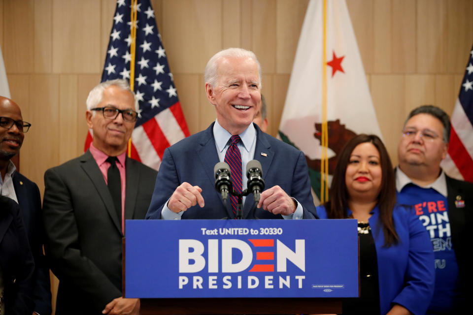 Presumptive Democratic presidential candidate and former Vice President Joe Biden speaks during a campaign stop in Los Angeles on March 4. (Photo: Mike Blake / Reuters)