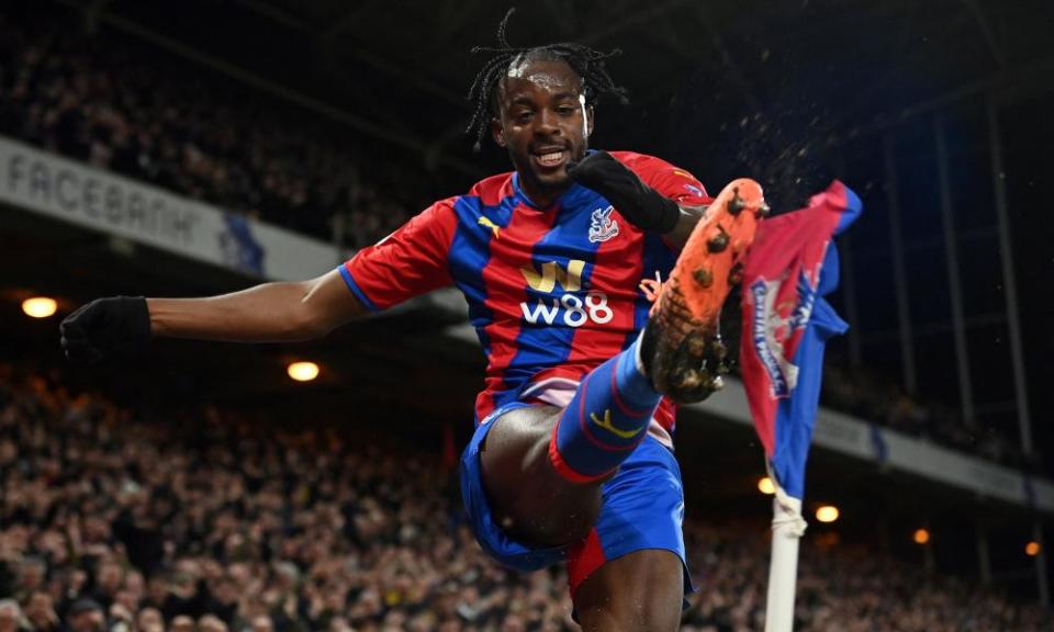 Jean-Philippe Mateta celebrates after scoring against Arsenal.