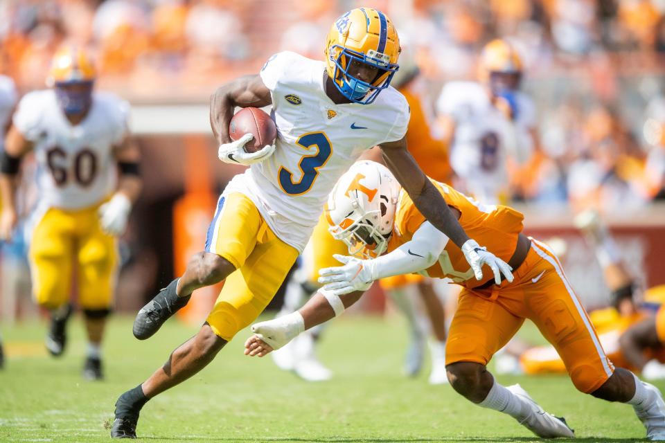Pittsburgh wide receiver Jordan Addison (3) runs down field during a football game between the Tennessee Volunteers and the Pittsburgh Panthers in Neyland Stadium on Saturday, Sept. 11, 2021. 