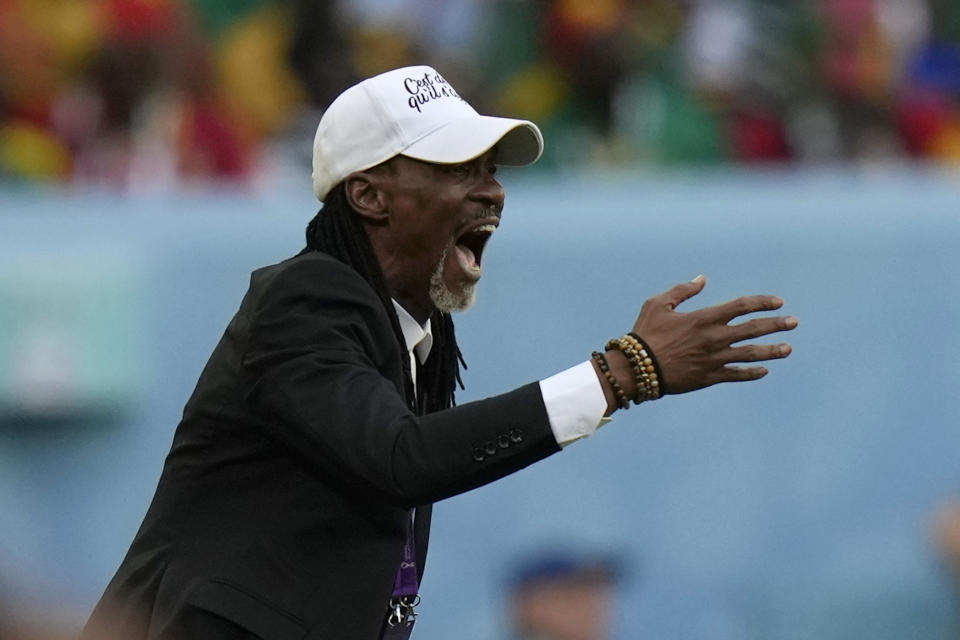 Cameroon's head coach Rigobert Song shouts out as gives instructions from the side line during the World Cup group G soccer match between Cameroon and Serbia, at the Al Janoub Stadium in Al Wakrah, Qatar, Monday, Nov. 28, 2022. (AP Photo/Francisco Seco)