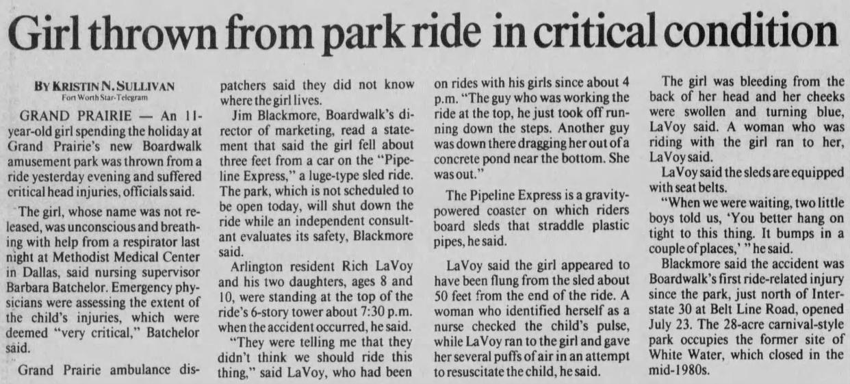 An article from the Fort Worth Star Telegram tells readers about a young girl who was thrown from a ride at Boardwalk Fun Park in 1992.