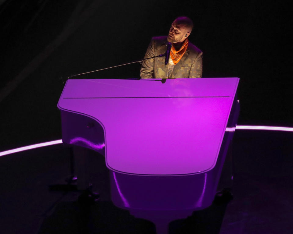 <p>Justin Timberlake performs during halftime of the NFL Super Bowl 52 football game Sunday, Feb. 4, 2018, in Minneapolis. (AP Photo/Eric Gay) </p>