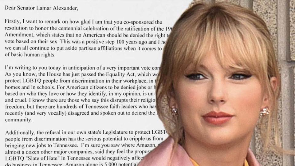 <p>Taylor Swift is kicking off Pride Month by urging voters to contact their senators and ask them to support the Equality Act, and she’s already written her own letter to Tennessee Republican senator Lamar Alexander. The “ME!” singer shared her open letter on Friday evening, asking Alexander to vote for the act which will protect […]</p> <p>The post <a rel="nofollow noopener" href="https://theblast.com/taylor-swift-letter-tennessee-senator-equality-act/" target="_blank" data-ylk="slk:Taylor Swift Pleads With Tennessee Senator to Support Equality Act in Open Letter;elm:context_link;itc:0;sec:content-canvas" class="link ">Taylor Swift Pleads With Tennessee Senator to Support Equality Act in Open Letter</a> appeared first on <a rel="nofollow noopener" href="https://theblast.com" target="_blank" data-ylk="slk:The Blast;elm:context_link;itc:0;sec:content-canvas" class="link ">The Blast</a>.</p>