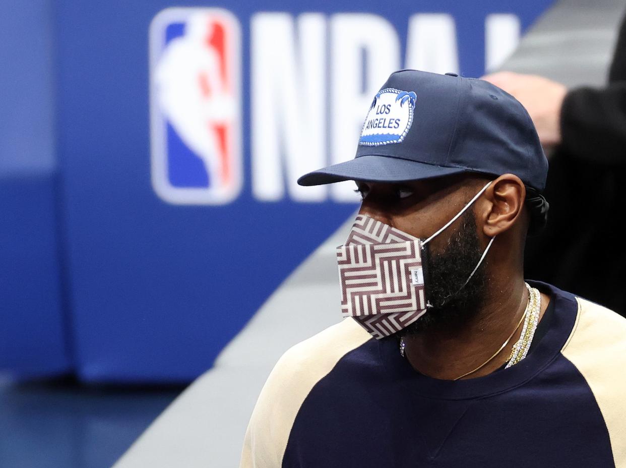 <p>LeBron James during the Los Angeles Lakers v Dallas Mavericks game in Texas on Thursday</p> (Getty Images)