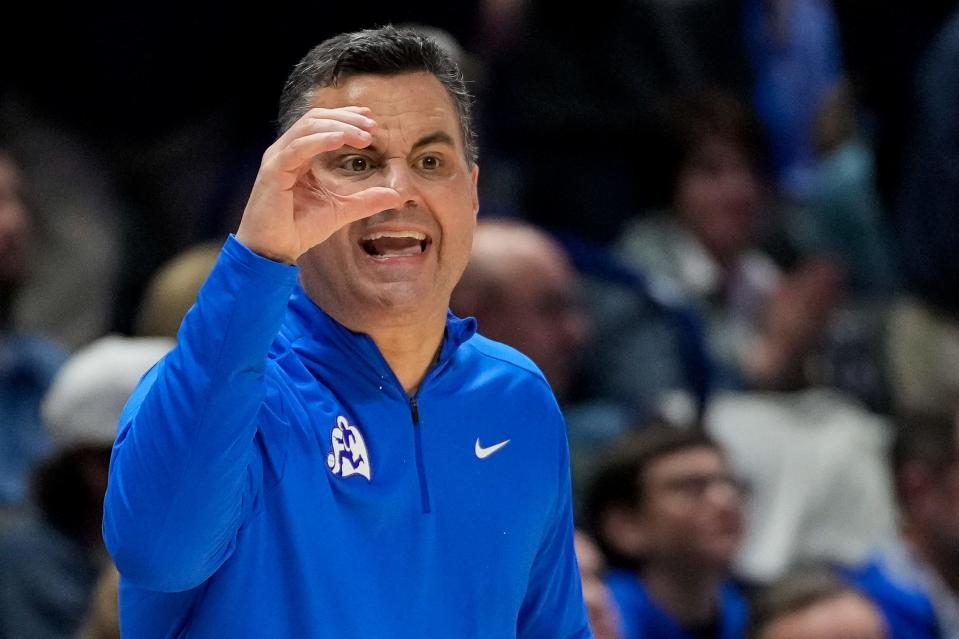 Xavier Musketeers head coach Sean Miller calls a play in the second half of the NCAA Big East Conference basketball game between the Xavier Musketeers and the Creighton Bluejays at the Cintas Center in Cincinnati on Saturday, February 10, 2024. Creighton participated in the conference match, 78-71.