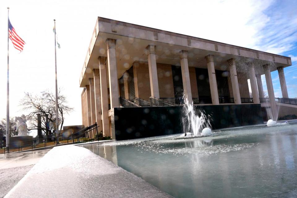 PHOTO: A brisk wind and dangerously cold temperatures froze over the fountains in front of the Thalia Mara Hall in Jackson, Miss., Jan. 16, 2024. (Rogelio V. Solis/AP)