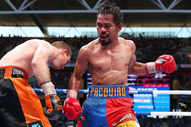 Manny Pacquiao punches Jeff Horn during their July 1 fight for the WBO welterweight title in Brisbane, Australia. (Getty)