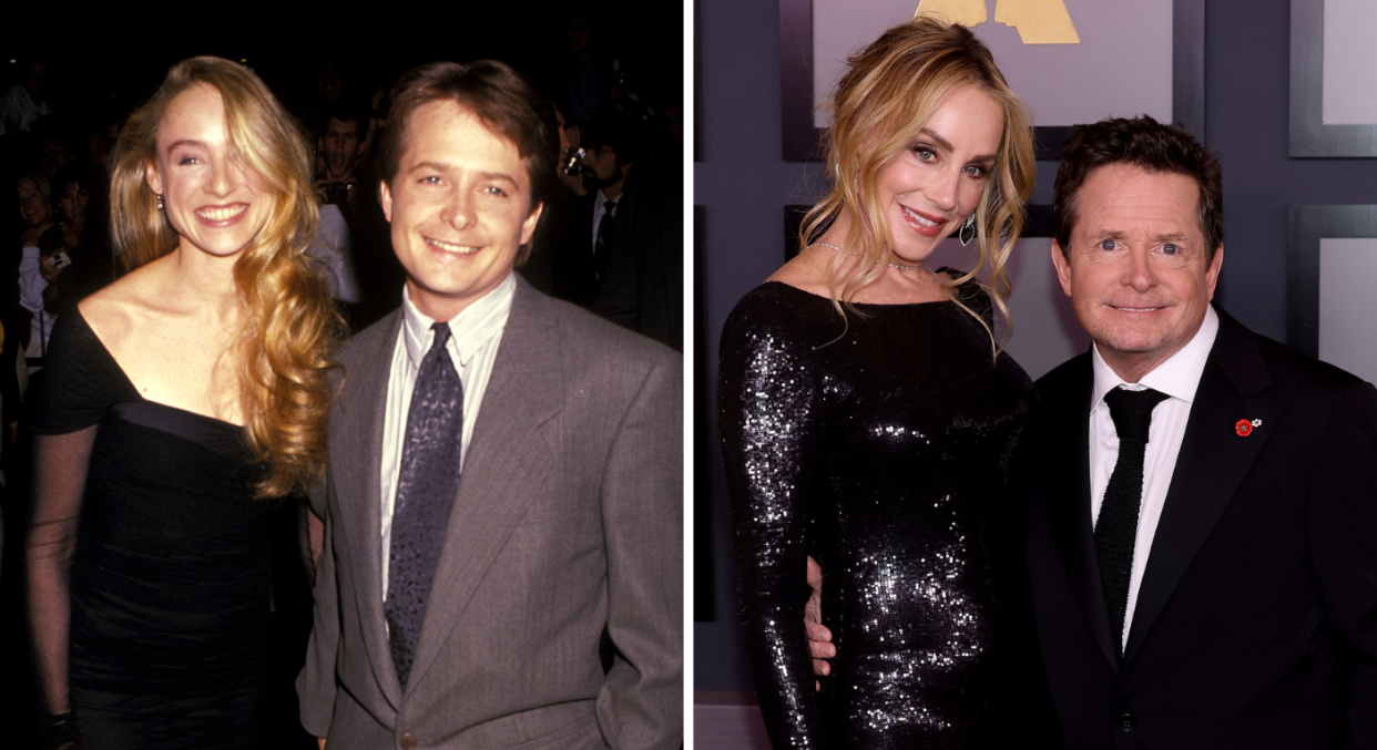 A composite image of Michael J. Fox and Tracy Pollan in 1989 and 2022. (Getty Images)