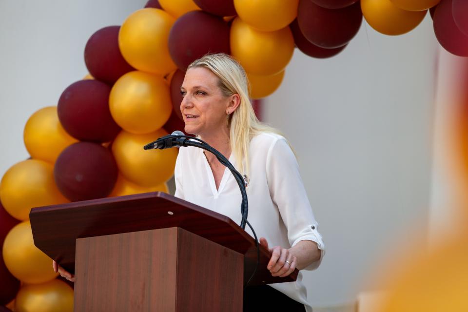 Florida State women's basketball coach Brooke Wycoff speaks to Seminole fans in Capitol courtyard for FSU Day at the Capitol on Tuesday, March 21, 2023.