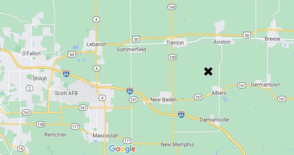 An X marks the vicinity in rural Germantown, between Aviston and Albers, where a man shot and killed a neighbor’s Siberian husky, maintaining that the dog was a danger to his granddaughter.