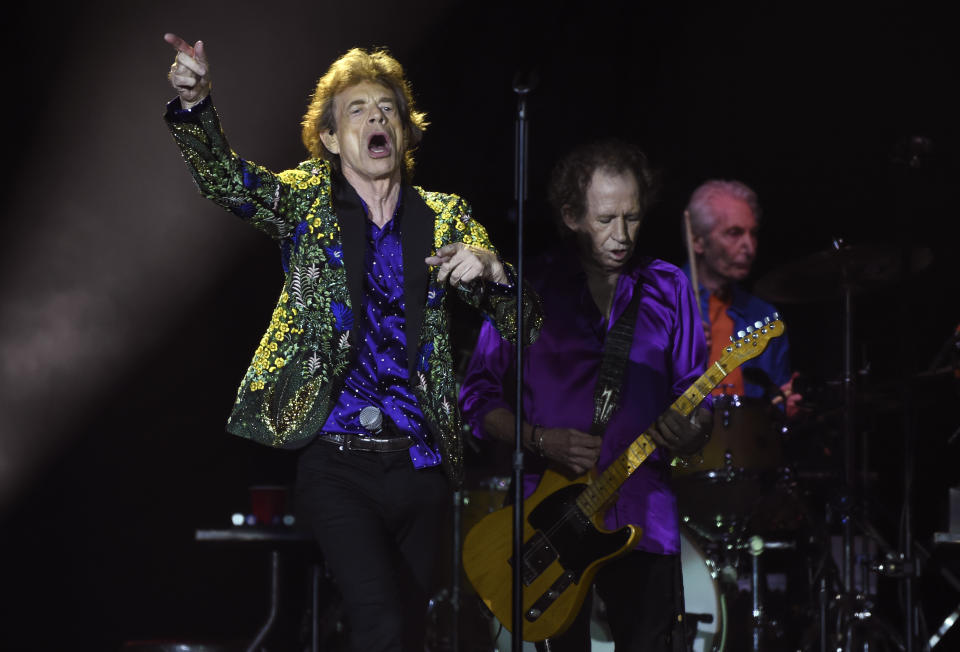 Mick Jagger, Keith Richards and Charlie Watts, from left, of the Rolling Stones perform during the band's concert at the Rose Bowl, Thursday, Aug. 22, 2019, in Pasadena, Calif. (Photo by Chris Pizzello/Invision/AP)