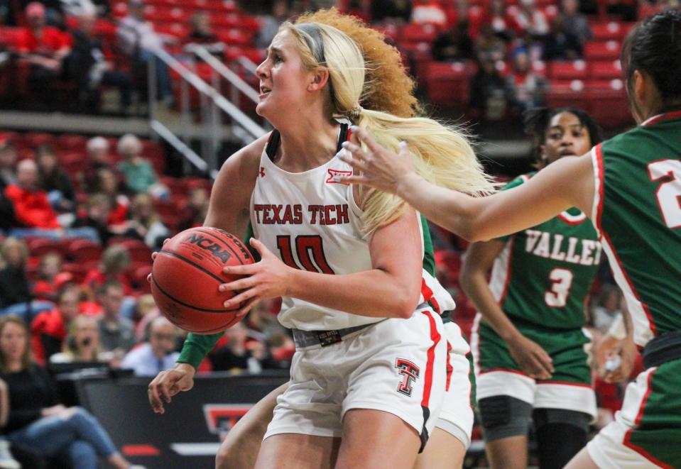 Texas Tech's Bryn Gerlich drives to the basket during a non-conference women's basketball game in United Supermarkets Arena on Tuesday, December 27, 2022.