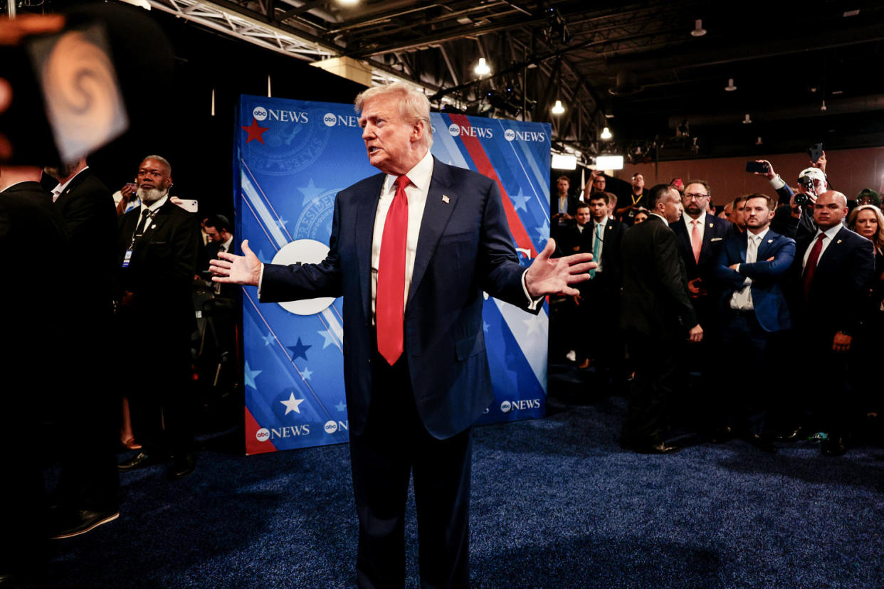 Former US President Donald Trump in the spin room following the presidential debate in Philadelphia on Sept. 10, 2024.  (Hannah Beier / Bloomberg via Getty Images)