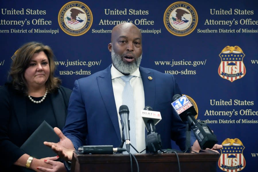 Jermicha Fomby, special agent in charge of the FBI Jackson field office, speaks to reporters about an investigation into six white former law enforcement officers in Mississippi, in Jackson, Miss., Thursday, Aug. 3, 2023. The six former officers who called themselves the “Goon Squad” pleaded guilty to a racist assault on two Black men in a home raid that ended with an officer shooting one man in the mouth. (AP Photo/Rogelio V. Solis)