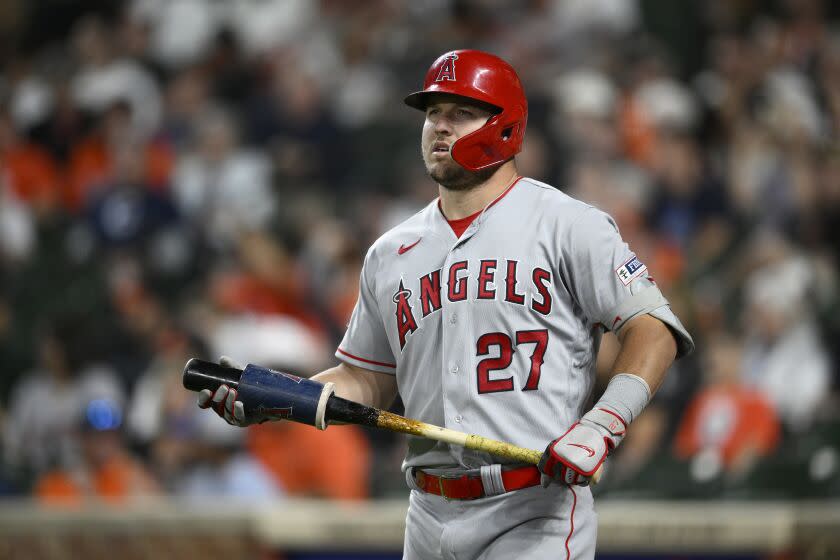 The Angels' Mike Trout looks on during a game against the Orioles on May 15, 2023, in Baltimore.