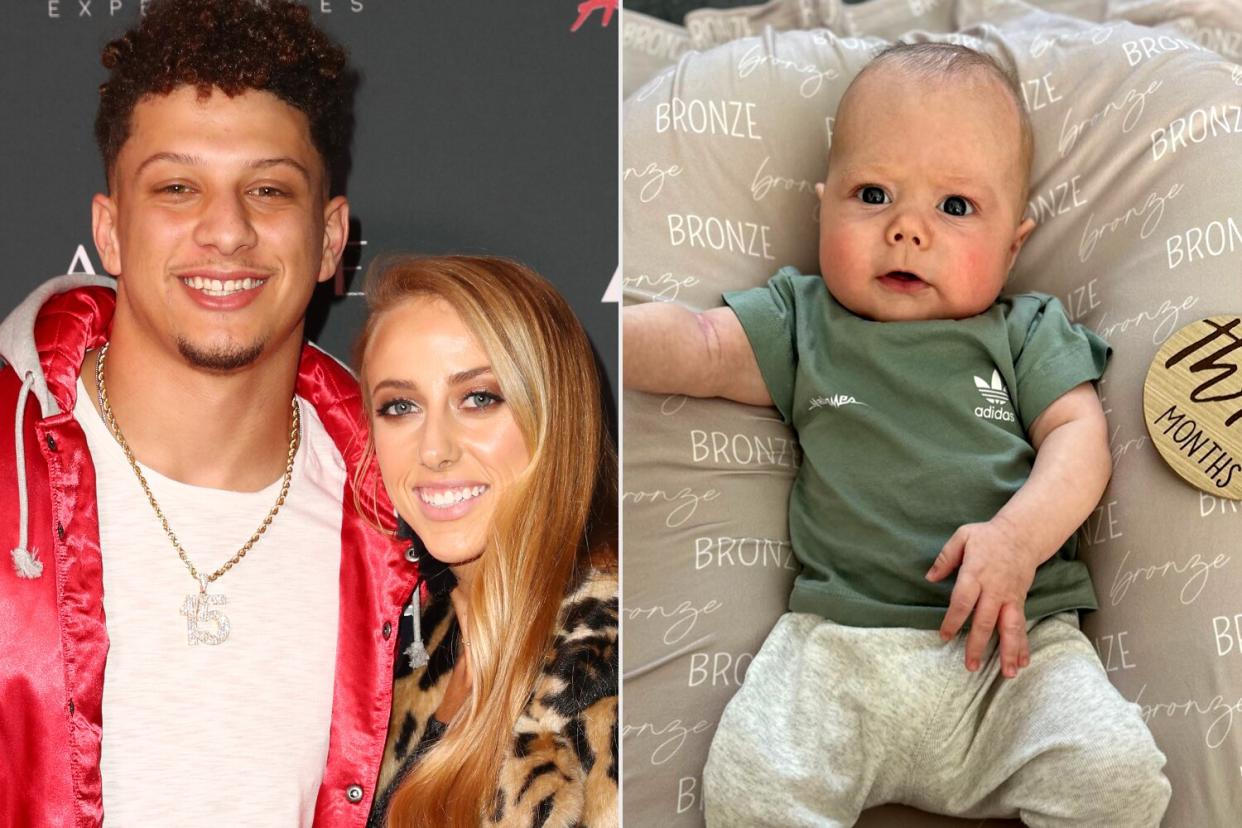 Patrick Mahomes II (L) and Brittany Matthews attend The Maxim Big Game Experience; Brittany Mahomes posts photo of baby Bronze on his three month birthday