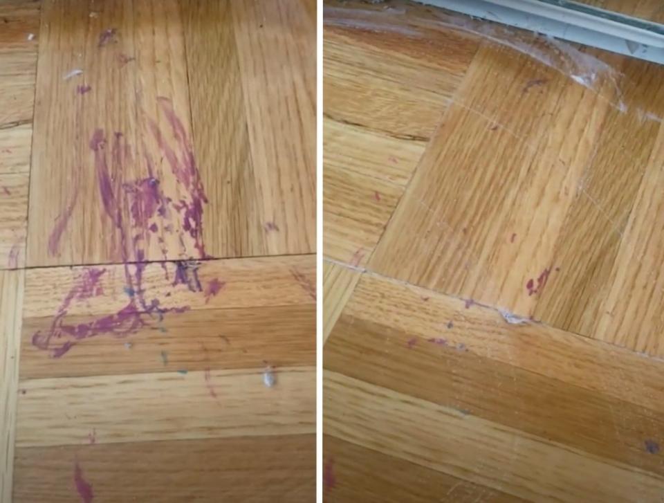 Before and after photos of my paint-streaked floor. Credit: Katie Dupere for In The Know