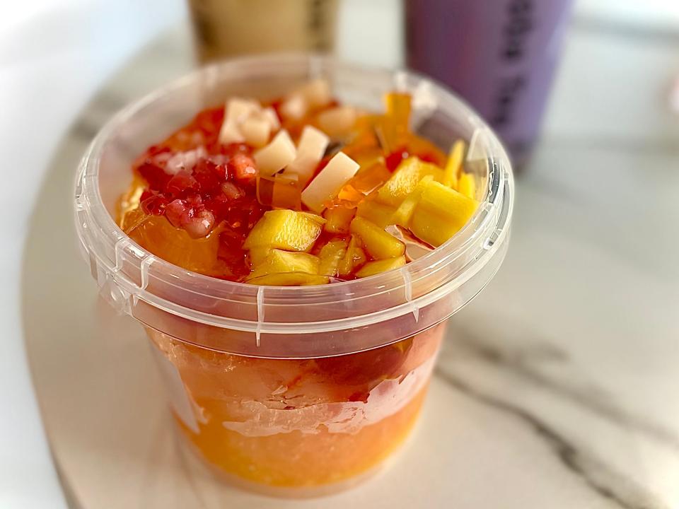 Strawberry mango ice jelly bowl from Hi! Boba Tea in Port Orange.