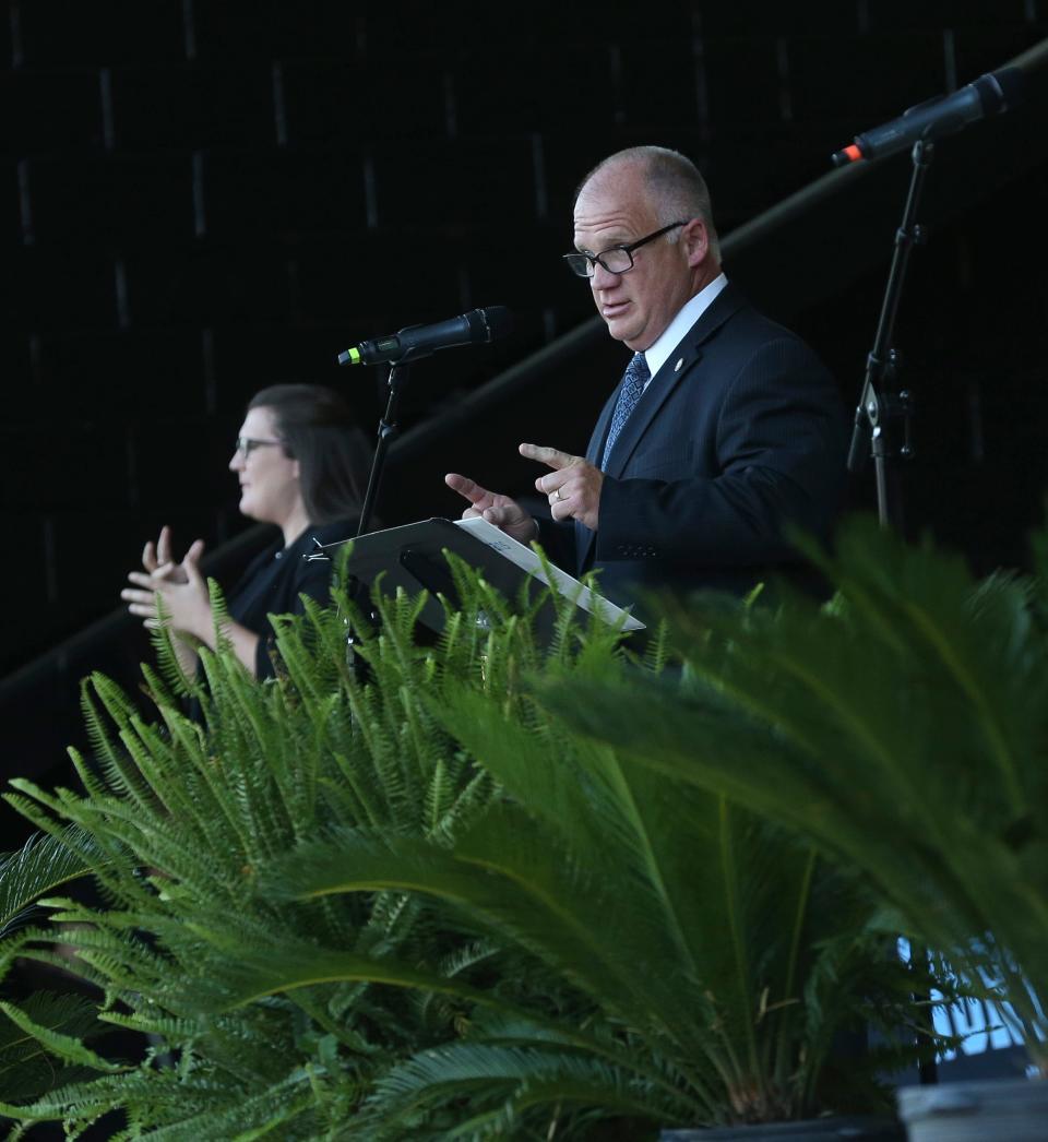 James Tygar Evans, Northridge High School principal, speaks during graduation exercises at the Tuscaloosa Amphitheater on  June 12, 2020. [Staff Photo/Gary Cosby Jr.]