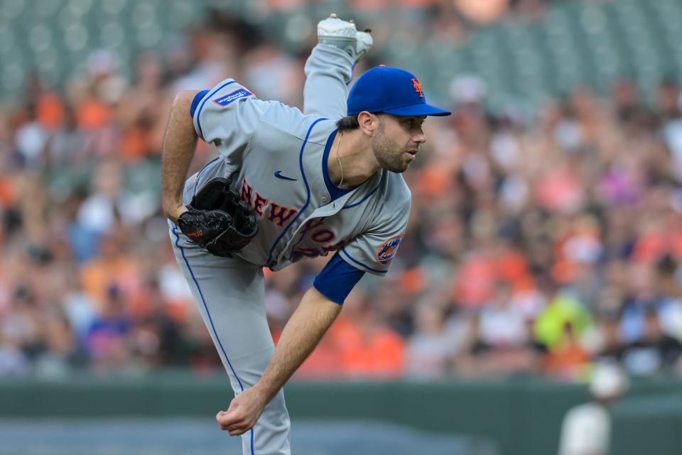 Aug 4, 2023; Baltimore, Maryland, USA; New York Mets starting pitcher David Peterson (23) throws a first inning pitch against the Baltimore Oriolesm  at Oriole Park at Camden Yards. Mandatory Credit: Tommy Gilligan-USA TODAY Sports