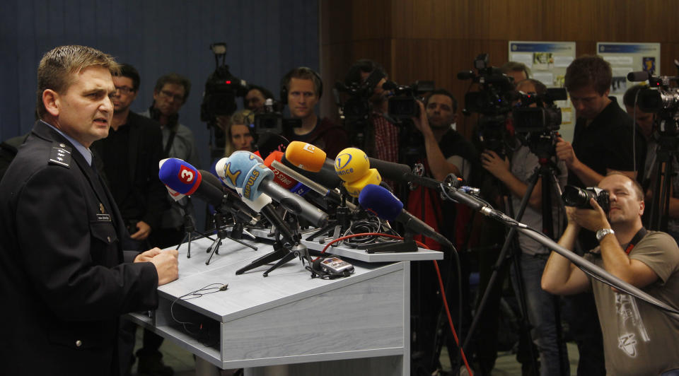 Czech Republic's Police President Martin Cervicek, during a press conference in Prague, Czech Republic, Monday, Sept. 24, 2012. Two people who police believe have been responsible for a wave of methanol poisoning that has killed at least 25 people in the Czech Republic in last two weeks have been arrested, law enforcement officials said on Monday. State prosecutor Roman Kafka said the two persons from the northeastern part of the country are suspected of producing a “brutal blend” of toxic methanol with drinking alcohol, even though they had to know it could seriously damage the life of those who would drink it. (AP Photo/Petr David Josek)