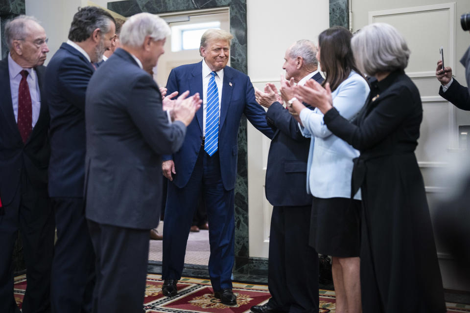 Washington, DC - June 13 : Former President Donald Trump meets with Republican Senators at the National Republican Senatorial Committee building on Capitol Hill in Washington, DC on Thursday, June 13, 2024. (Photo by Jabin Botsford/The Washington Post via Getty Images)